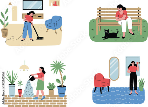Illustration of woman performing everyday activities including cleaning, gardening, pet care, and personal hygiene, showcasing lifestyle diversity, home routine, and self‑care for stock design use.