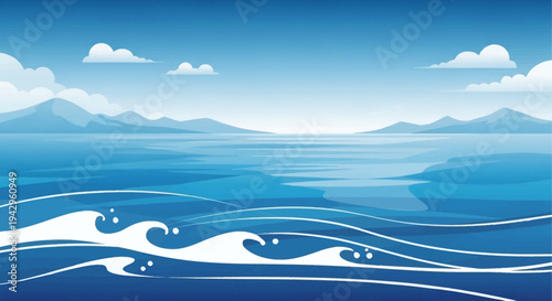 Illustration of ocean waves with mountains and cloudy sky in background