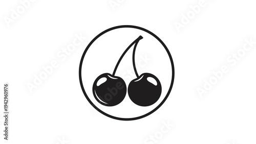 Simple Black and White Icon of Two Cherries in a Circle
