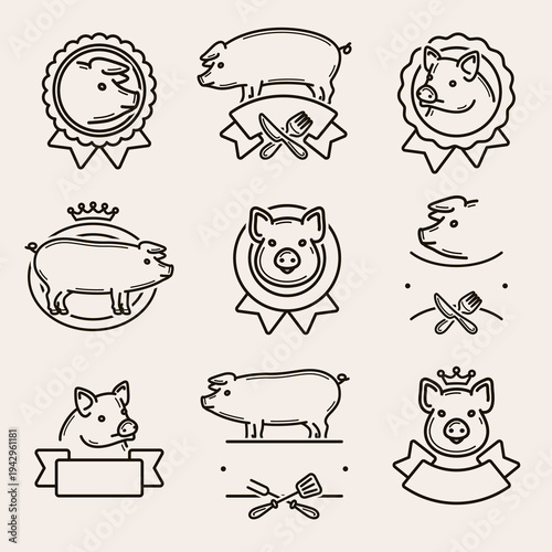 Pig labels and icon set. Collection icons pig. Vector
