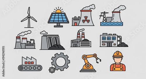 Collection of Industrial Factory and Energy Production Icons.