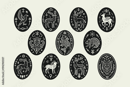 Quadro em tela Mystic and Esoteric Animal Oval Emblem Linocut Set
