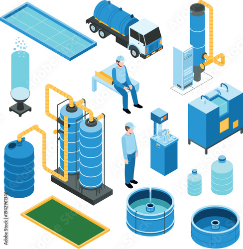 Isometric industrial water treatment system with filtration tanks pipelines workers purification equipment and tanker truck environmental infrastructure vector illustration