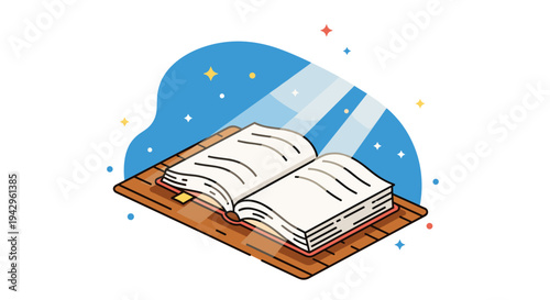 An open book illustration with rays of light, featuring a modern, colorful flat design style