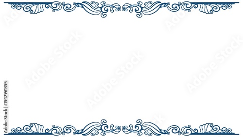 Elegant blue floral border frame with vintage swirl ornaments on white background.