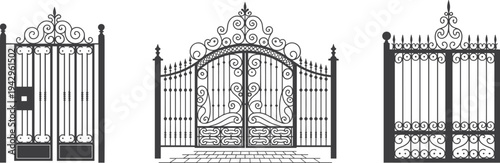 Ornate wrought iron gate silhouette vector illustration with decorative scrollwork and classical architecture design, perfect for logos, tattoos, stock art, and ornamental projects.