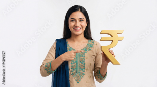 young indian woman holding indian rupee sign