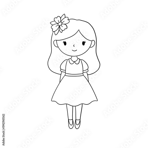 A cute little girl with a smile wears a white princess dress and pink flower hair art in this vector drawing illustration of a fairy child