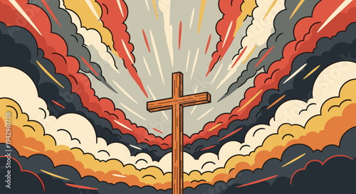 A stylized wooden cross surrounded by vibrant, swirling clouds and rays of light in a modern illustration style