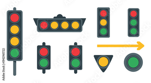Traffic signal icons, red yellow green lights and arrows vector illustration