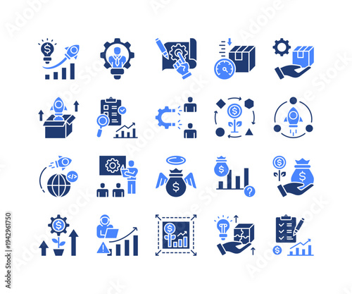 Startup Launch Icon Collection,  featuring Startup Business, Co-founder, Prototype, Funding, Venture Capital, Scaling, Product Launch.