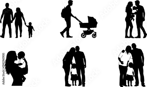 Diverse family silhouettes depicting parents and children in various loving poses