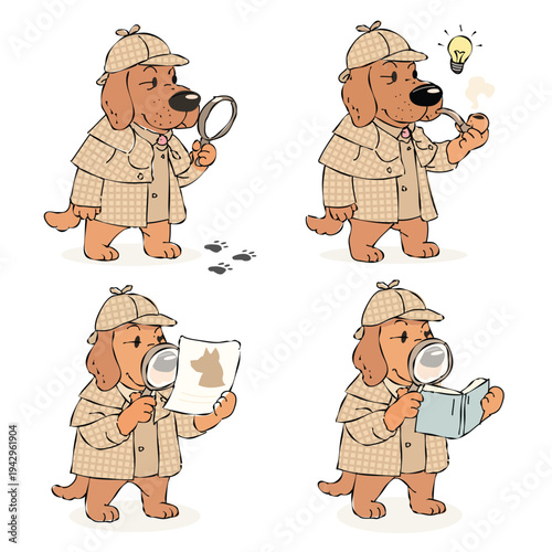 Cute cartoon bloodhound detective investigating clues using a magnifying glass, map, book, and pipe in a playful hand-drawn illustration set.