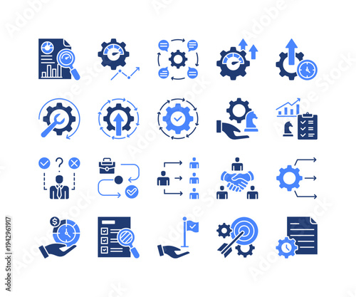 Performance Management Icon Collection,  featuring Metrics, Productivity System, Continuous Improvement, Planning Process, Team Delegation, Workflow Management, Transparency System.
