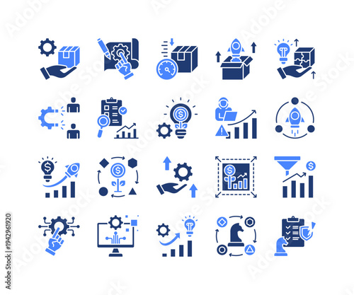 Product Innovation Icon Collection,  featuring Product Prototype, MVP Development, Product Launch, Startup Model, Growth Strategy, Digital Innovation, Market Testing.
