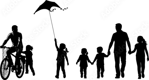 Family Silhouettes Enjoying Outdoor Activities, Cycling, and Flying a Kite Together