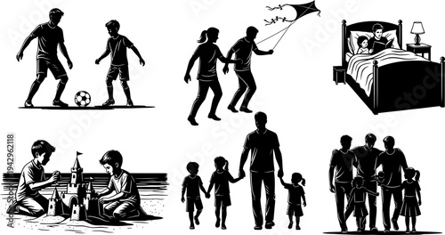 Diverse family activities with fathers and children, black and white vector illustrations collection