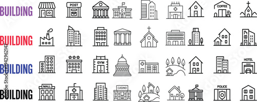 A collection of black and white line drawings of various buildings