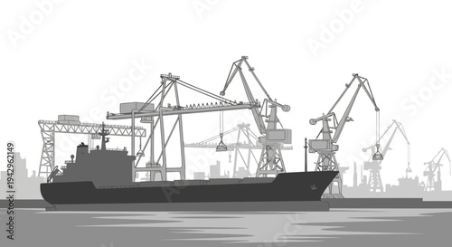 Cargo ship docked at a port with cranes and city skyline in the background
