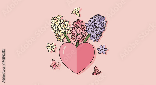 A colorful heart surrounded by blooming flowers in a flat design style, perfect for romantic themes