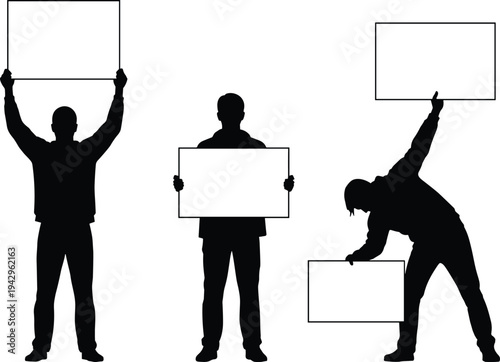 People holding blank protest signs silhouette set representing demonstration, activism, social protest and public awareness campaign concept isolated illustration