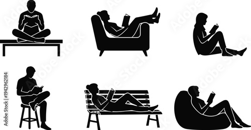 People reading book silhouettes collection with different relaxing poses sitting lying and reading vector illustration isolated on white background