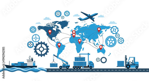 Flat lay illustration of global logistics and transportation network with various vehicles and symbols on a white background