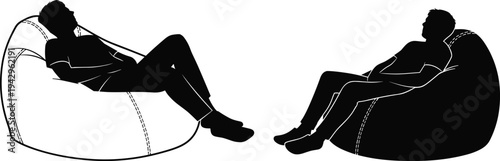 People relaxing on bean bag chair silhouettes comfortable resting pose vector illustration isolated on white background