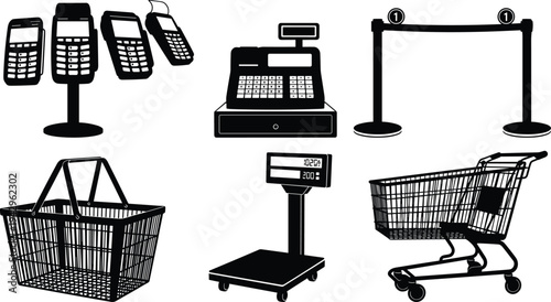 Retail store equipment silhouettes including payment terminals, cash register, shopping cart, basket and weighing scale for supermarket business concept