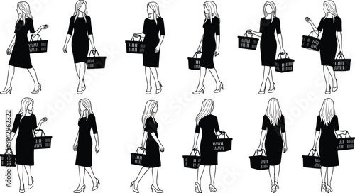 Set of stylish women walking with shopping baskets silhouettes showing retail activity, supermarket shopping and modern consumer lifestyle illustration collection