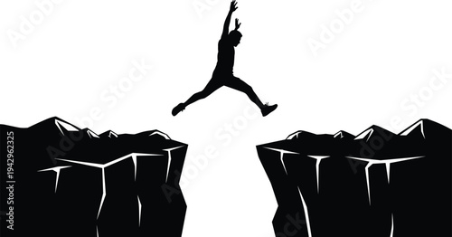 Silhouette of man jumping across cliff gap representing courage, risk taking, success challenge and determination concept isolated on white background