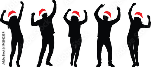 Silhouettes of people dancing wearing Santa hats celebrating Christmas party, holiday celebration, winter festival joy isolated on white background