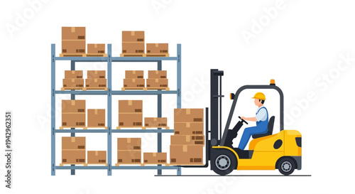 Worker operating a yellow forklift with cardboard boxes on a rack in a warehouse