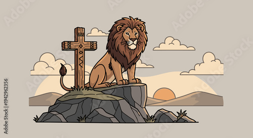 A majestic lion sitting on a rock beside a cross, featuring a modern, flat illustration style with a serene background