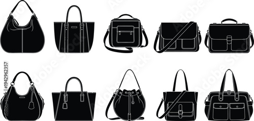 Stylish women handbag collection set with tote shoulder crossbody and satchel bags black silhouette vector fashion accessories illustration