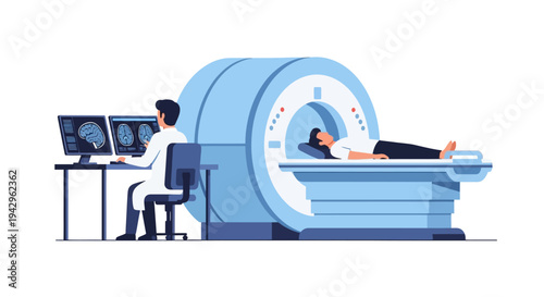 Illustration of a medical professional operating an MRI machine with a patient inside in a clinical setting.