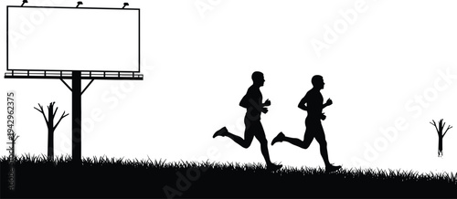 Two men running silhouette near outdoor billboard on grassy landscape representing fitness training, jogging activity and sports lifestyle concept