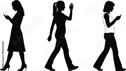 Women walking and using smartphone silhouettes collection female people with mobile phone vector illustration isolated on white background