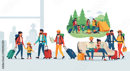 Diverse People Enjoying Various Travel and Leisure Activities with Luggage and Camping