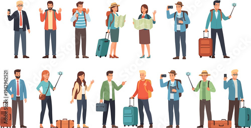Diverse group of happy travelers with luggage, maps, and phones on a white background.