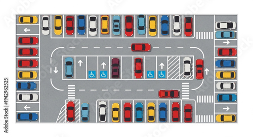 Aerial view of a busy parking lot filled with cars.