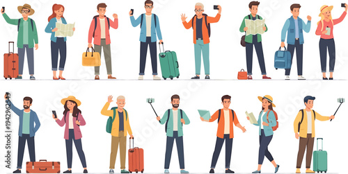 Diverse Group of Travelers and Tourists in Various Poses with Luggage and Maps