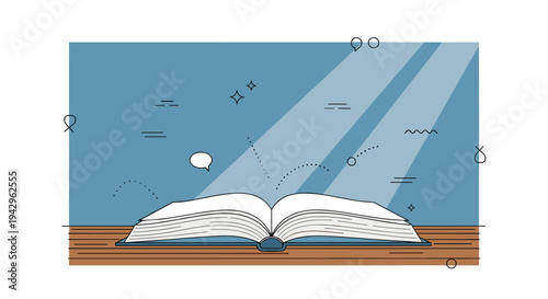 An open book with rays of light and abstract elements, featuring a minimalist design style, ideal for educational themes