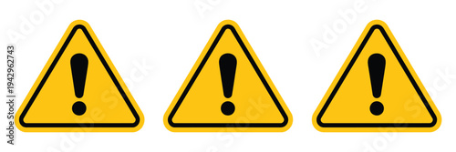 Warning triangle sign, yellow triangle with black exclamation mark vector illustration, safety alert caution symbol for hazard notification and danger warning isolated on white background.