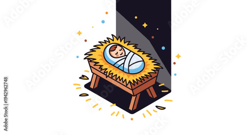 A charming illustration of a baby in a manger, featuring a colorful, modern design with a festive theme