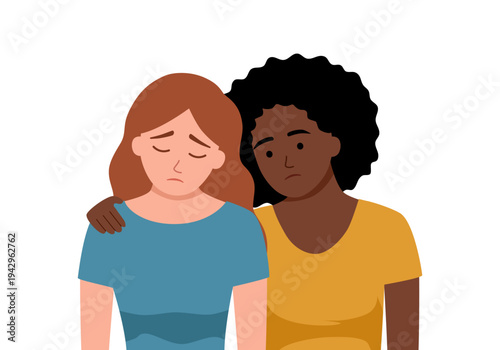 Empathy concept. Soothing woman cares about crying girl, embraces. Friend hugs, supports in sadness. Fellow consoling, comforting upset person in sorrow. Flat isolated vector illustration on white