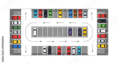 Aerial view of a busy parking lot filled with colorful cars.