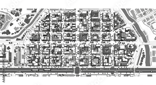 Aerial view of a dense urban city block grid.
