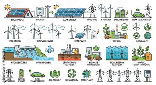 Renewable energy and green technology icons set with solar panels and wind turbines