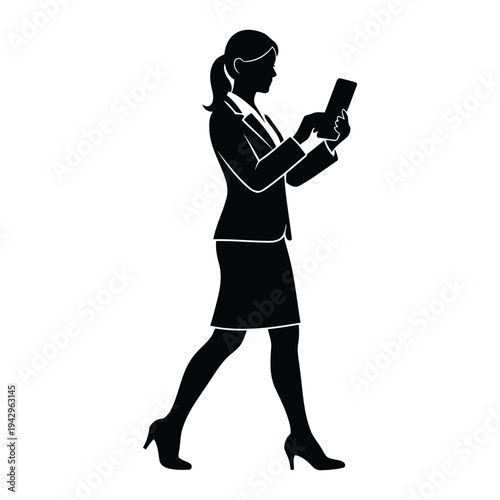 a black silhouette of a woman in business attire walking to the right while looking at a tablet she holds in her hands